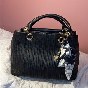 Elegant Vegan Leather Betsey Johnson Black Handbag with Floral Scarf